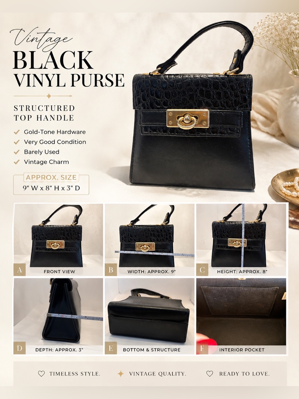 Structured Black Vintage Top-Handle Satchel with Gold-Tone Lock